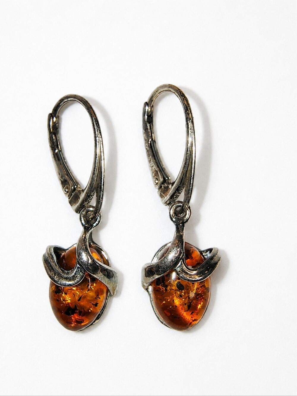 925 Sterling Silver Amber Dangle Earrings Leverback Cognac Amber 1.25"‎